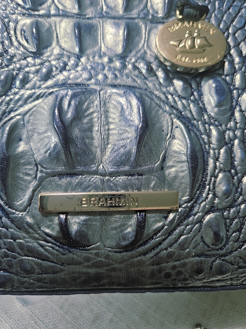 NWOT Brahmin Duxbury Satchel Blue Metallic Croc Embossed Leather Handbag + Strap - Picture 11 of 16